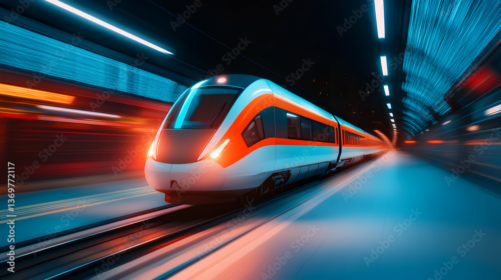 High-Speed Train at Night Station Platform High-Speed Train at Night Station Platform