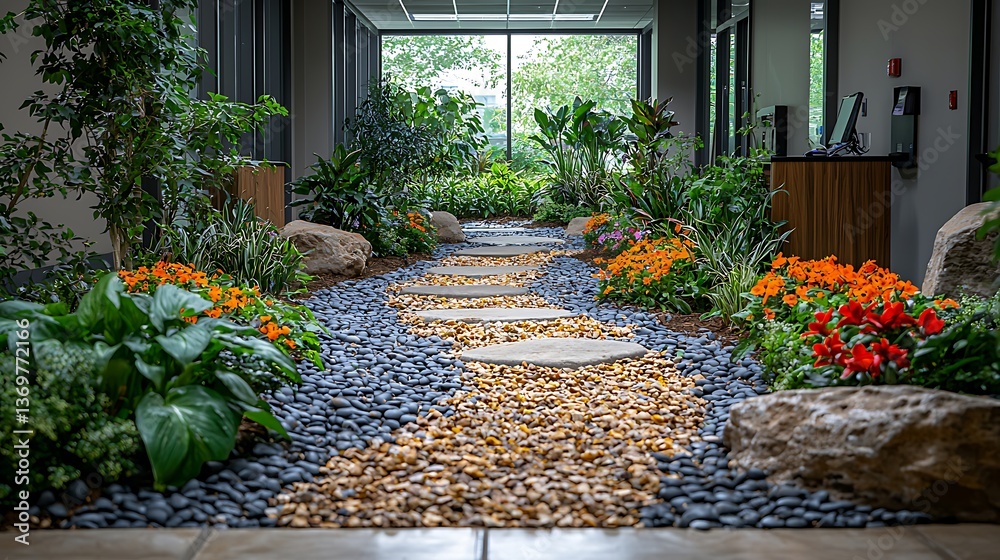 Obraz premium Earth Day Celebration in Corporate Office with Indoor Garden and Decorative Pathway Elements