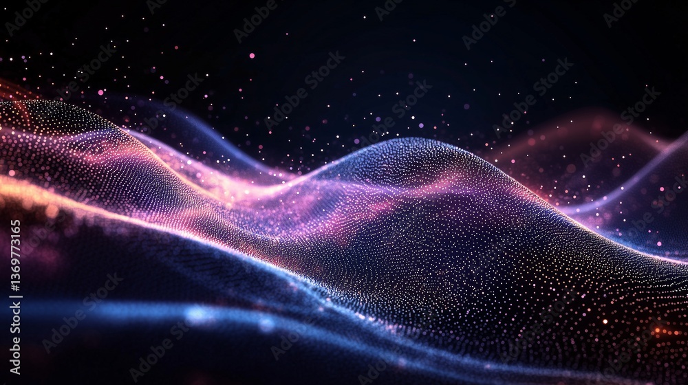 黒い背景と虹色に輝くキラキラした粒子が波の様に舞うCG画像 黒い背景と虹色に輝くキラキラした粒子が波の様に舞うCG画像