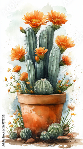 Vibrant watercolor illustration of cacti with orange flowers, showcasing a beautiful arrangement in a clay pot