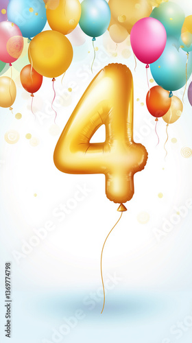 Shiny gold balloon shaped like the number 4, floating among vibrant balloons on a light background, perfect for birthday or milestone celebrations