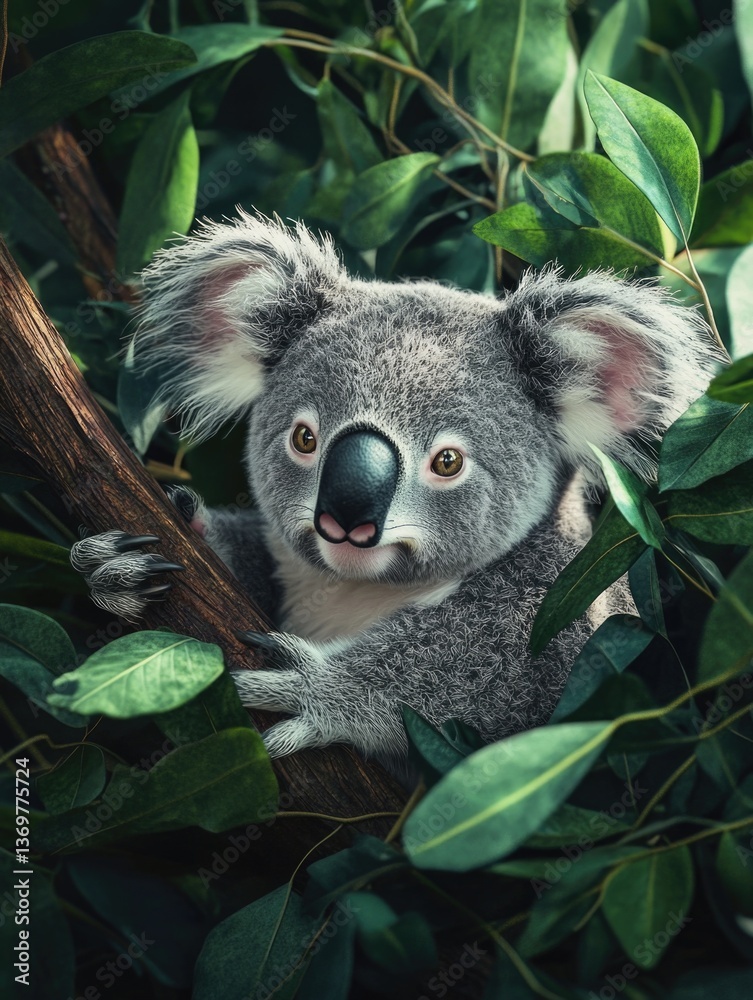 Obraz premium Young Koala Climbing Tree Branch