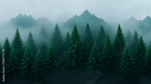 Misty Mountain Forest Landscape with Green Pine Trees