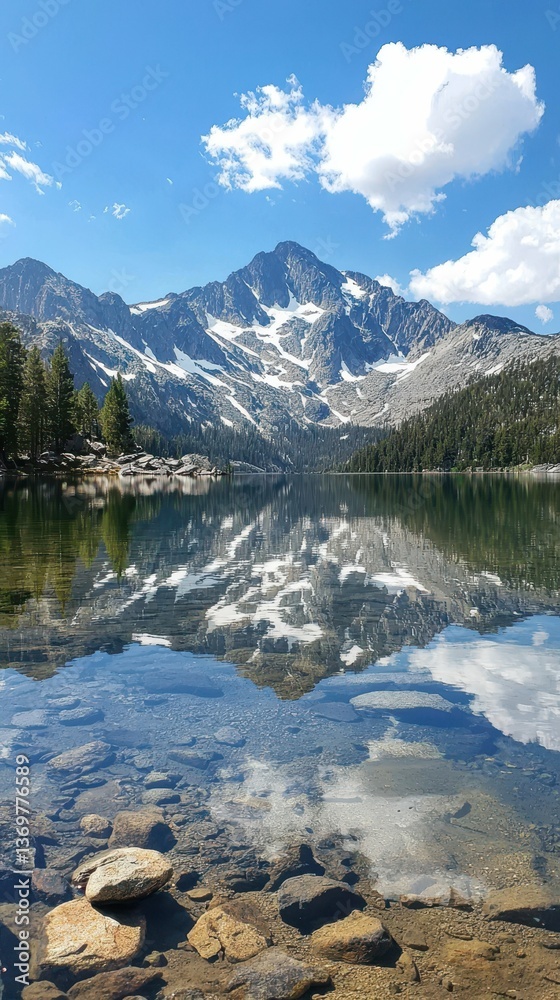 Fototapeta premium Snow-Capped Mountains Reflecting in Crystal Clear Lake