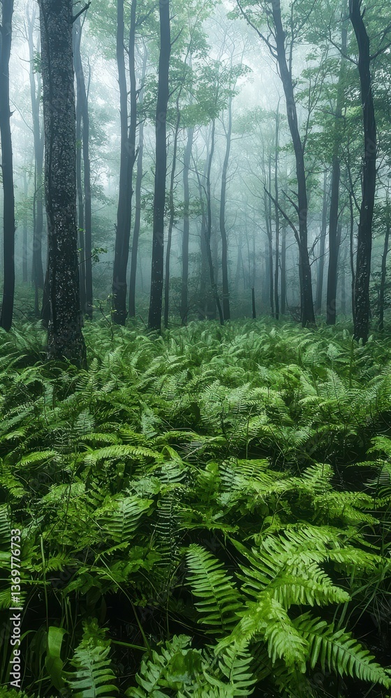 Fototapeta premium Soft Morning Fog in Misty Forest with Dew-Kissed Ferns