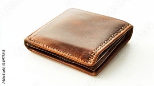 Close-up of folded brown leather wallet on white background.