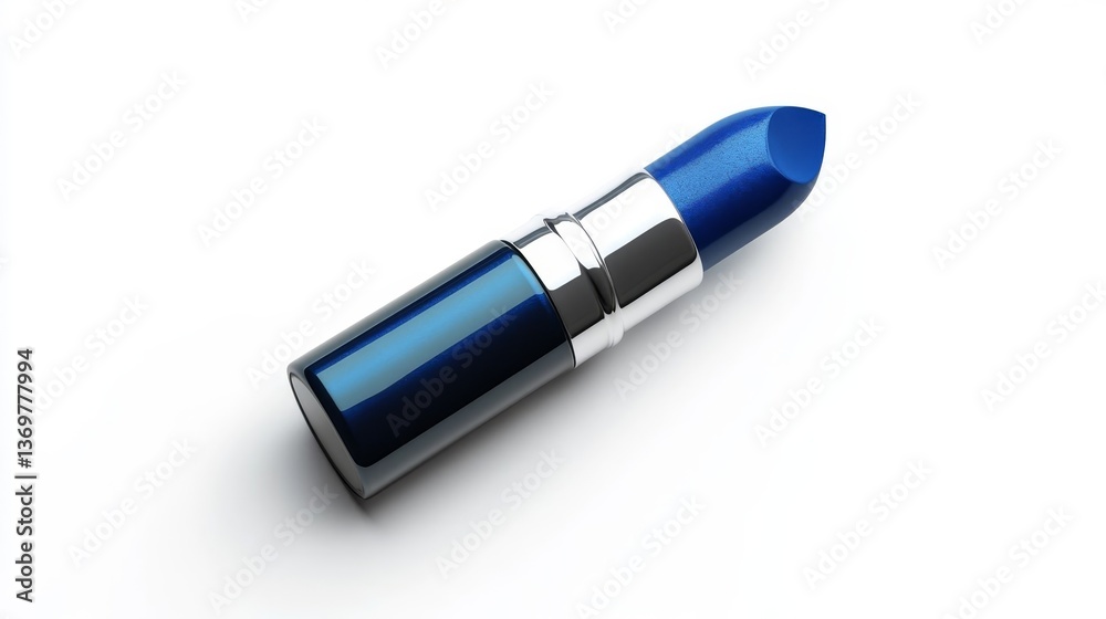 Metallic blue lipstick with chrome case on white background, close-up product shot. Metallic blue lipstick with chrome case on white background, close-up product shot.