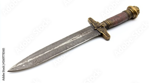 Ornate Damascus steel dagger with antique handle on white background.