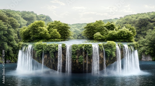 Serene Floating Island Waterfall Lush Green Nature Paradise art eco calm view pure eden