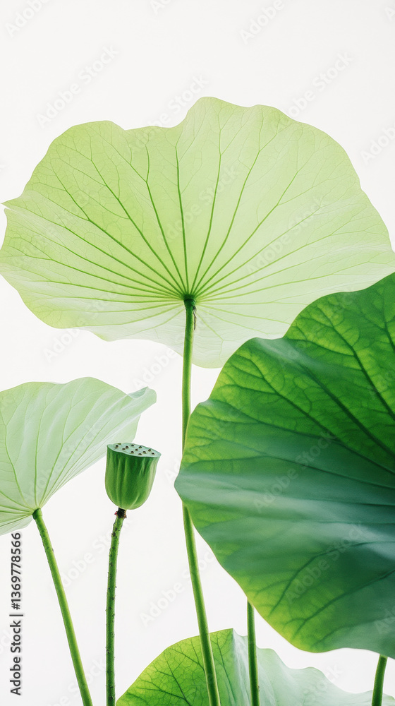 Fototapeta premium Lotus Leaves and Bud Against a Light Background