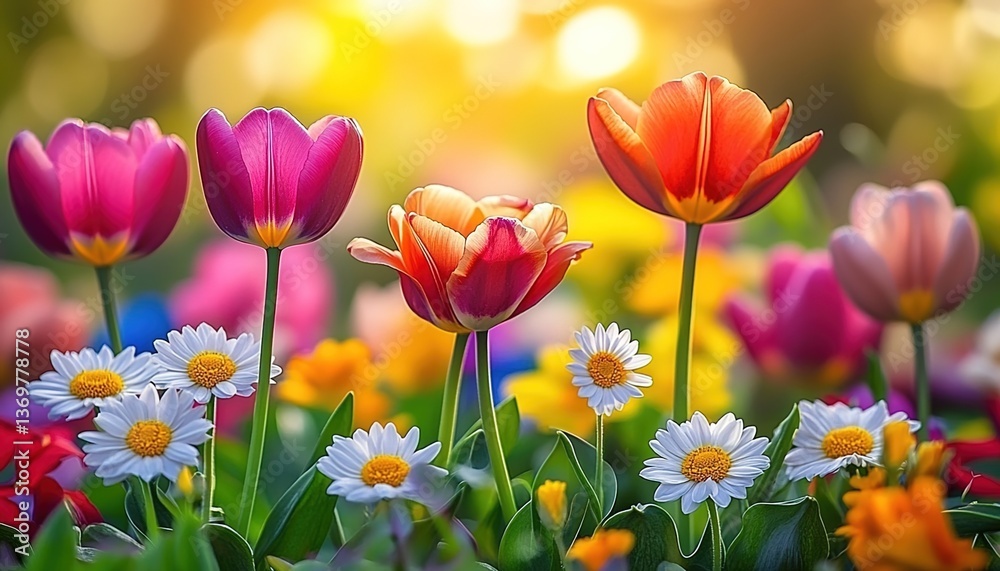 Fototapeta premium A field of blooming tulips in red, pink, orange, purple, and blue colors, blurred green meadow in the background, sunlight casting a warm glow from behind