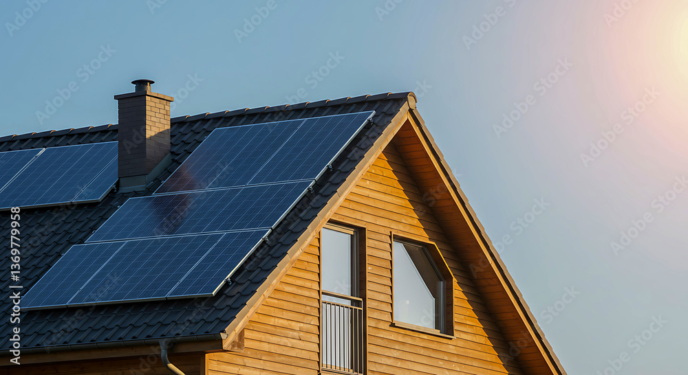 Fototapeta premium Close-up of new suburban house with a photovoltaic system on the roof. Modern eco friendly passive house with solar panels on the gable roof, with sunlight in the morning vibes, Generative ai