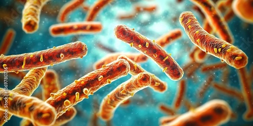 A group of rod-shaped bacteria with orange and blue highlights on the surface, blurred blue background photo