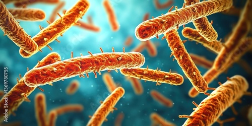 A group of rod-shaped bacteria with orange and blue highlights on the surface, blurred blue background photo
