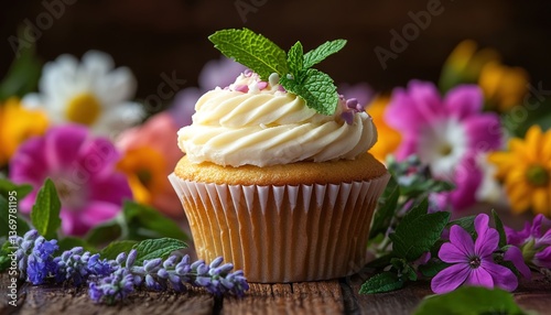 A vanilla cupcake with white frosting, topped with two red berries and mint leaves, surrounded by scattered colorful small flowers, blurred wooden table in the background photo