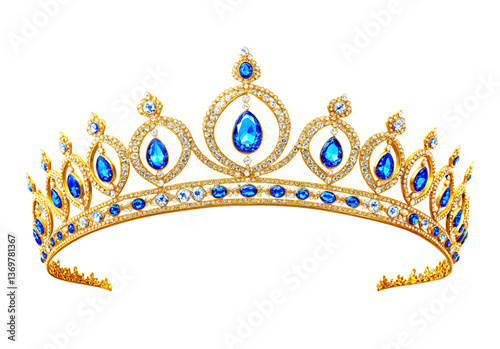 An elegant royal gold tiara with blue gemstones golden tiara, embedded with shimmering gemstones, elegant curves, and a regal aesthetic, isolated on a transparent background
