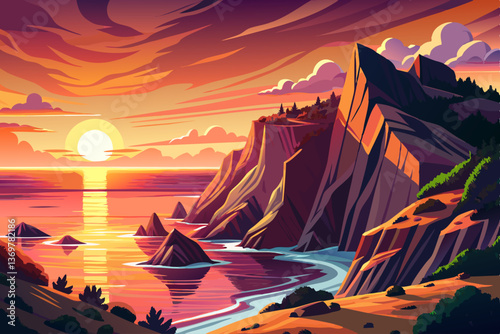 stunning sunset over coastal cliffs with vibrant colors and ocean reflections , Highly detailed vector illustration