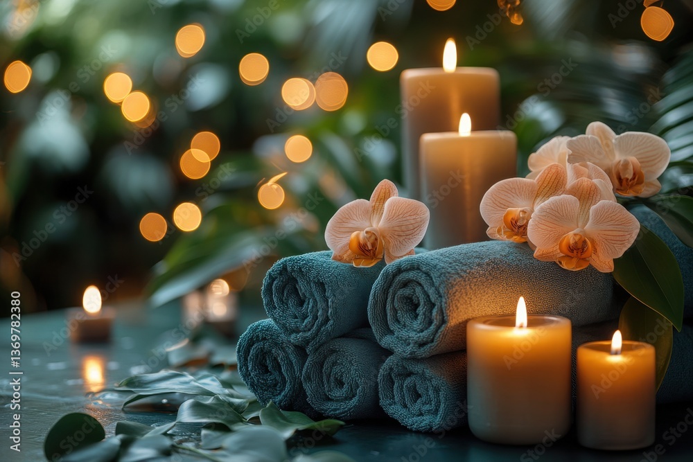 Experience tranquility with spa essentials: rolled towels, glowing candles, and delicate orchids. Experience tranquility with spa essentials: rolled towels, glowing candles, and delicate orchids.