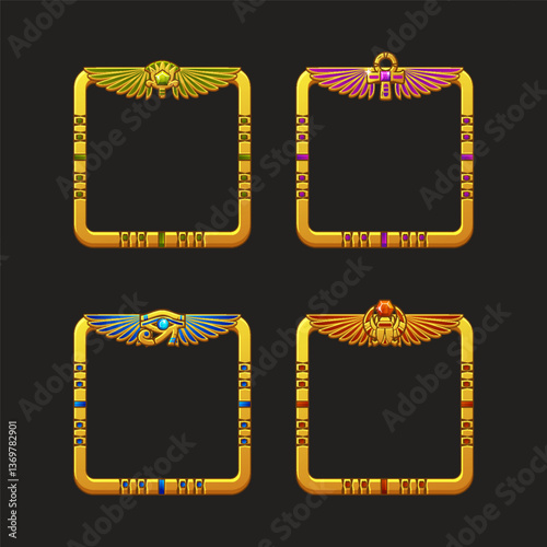 Square Frames in Egyptian themed with symbols - scarab, Ankh cross, lotus and Horus eye. Avatar frames for game or App icons