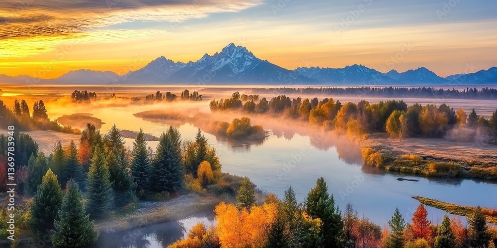 Naklejka premium A winding river through an autumn forest, clear water reflecting the sky, surrounded by orange and golden trees, misty background