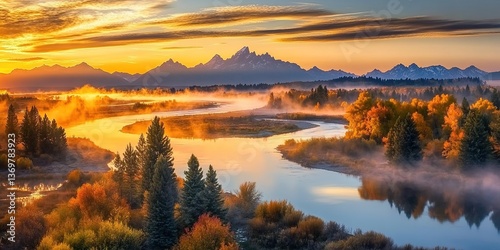 A winding river through an autumn forest, clear water reflecting the sky, surrounded by orange and golden trees, misty background