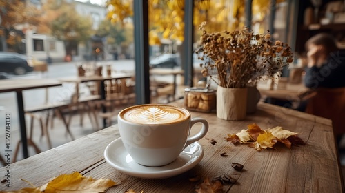Autumn Latte Art Coffee in Cozy Cafe Setting Enjoy a Warm Drink on a Fall Day
