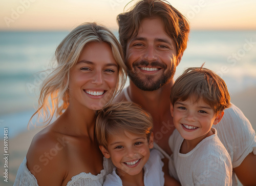 Happy family of four laughing on the beach at sunset, captured in a warm, high-resolution Instagram-style photo shoot, showcasing love, joy, and unforgettable moments