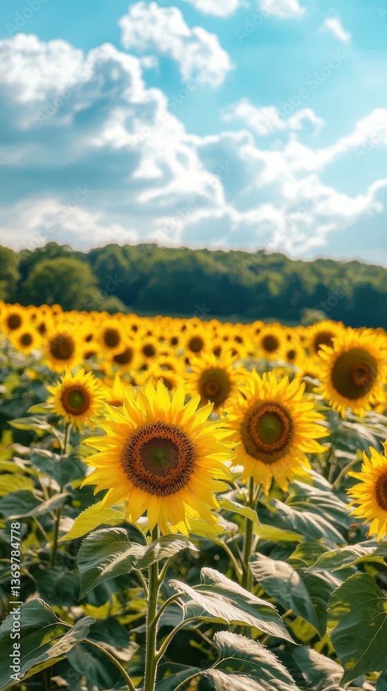 Fototapeta premium Vibrant Natural Scene with a Field of Sunflowers Under Blue Sky