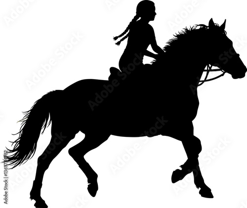 Girl with braids in her hair riding a horse, silhouette style, cowgirl.