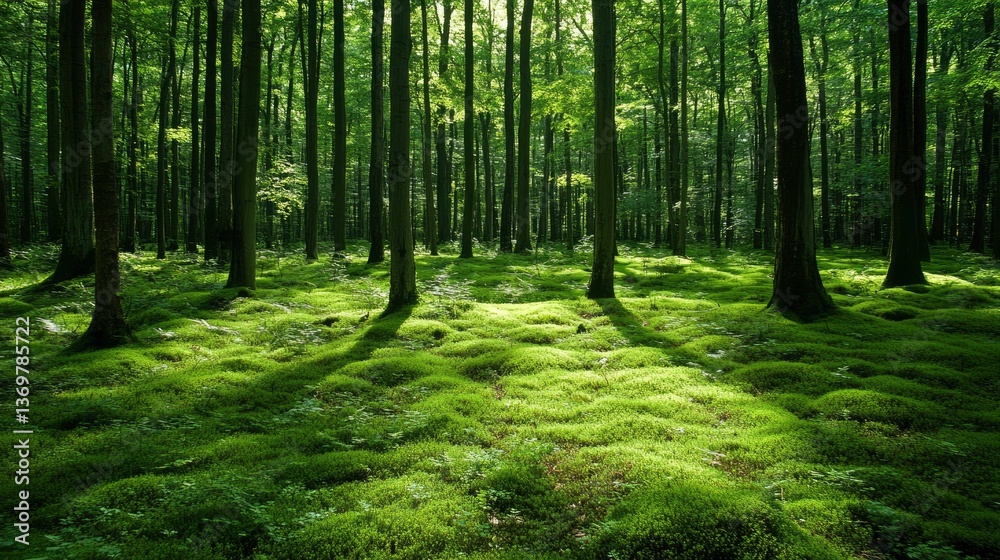 Naklejka premium Serene Sunlight Dappled Mossy Forest Floor