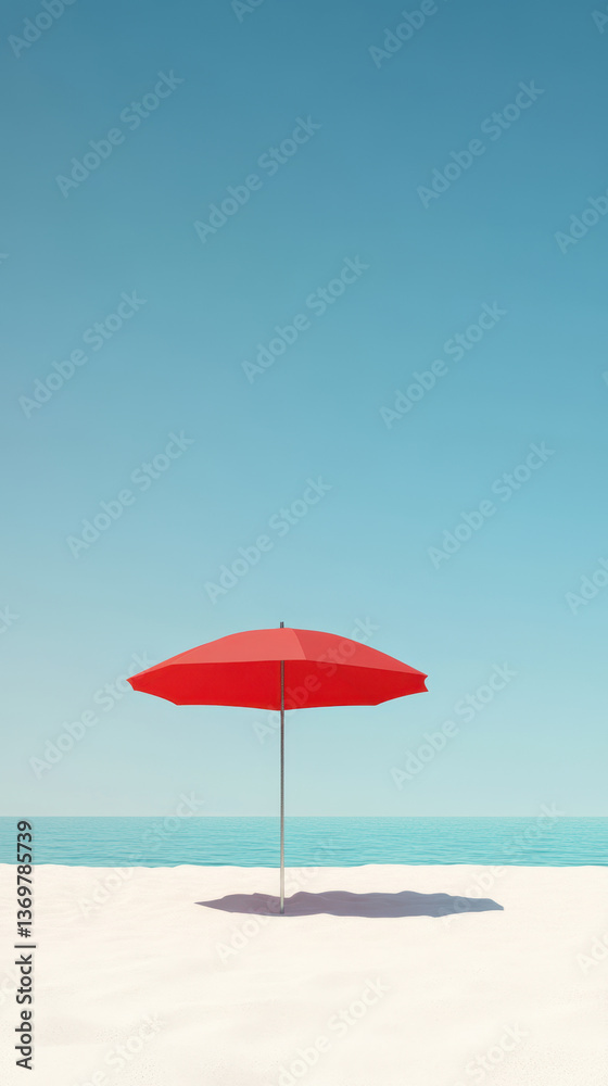 red beach umbrella stands alone on pristine white sand under a clear blue sky, evoking calm, minimalism, and summer tranquility by the ocean red beach umbrella stands alone on pristine white sand under a clear blue sky, evoking calm, minimalism, and summer tranquility by the ocean
