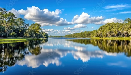 A calm lake with crystal-clear water reflecting a blue sky and white clouds, surrounded by dense green forest, tall trees with brown palm trees, bright blue sky with fluffy white clouds