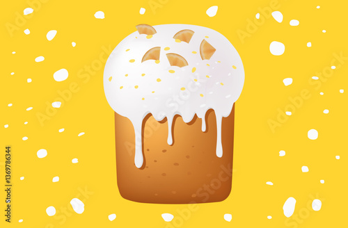 Easter cake with lemon, sweet pastry, festive kulich. Traditional dessert with icing and fondant. Spring event, Easter holiday, decorated confectionery for menu. Vector illustration.