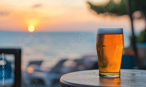 A dewy glass of cold beer sits on a small table, Generative AI photo