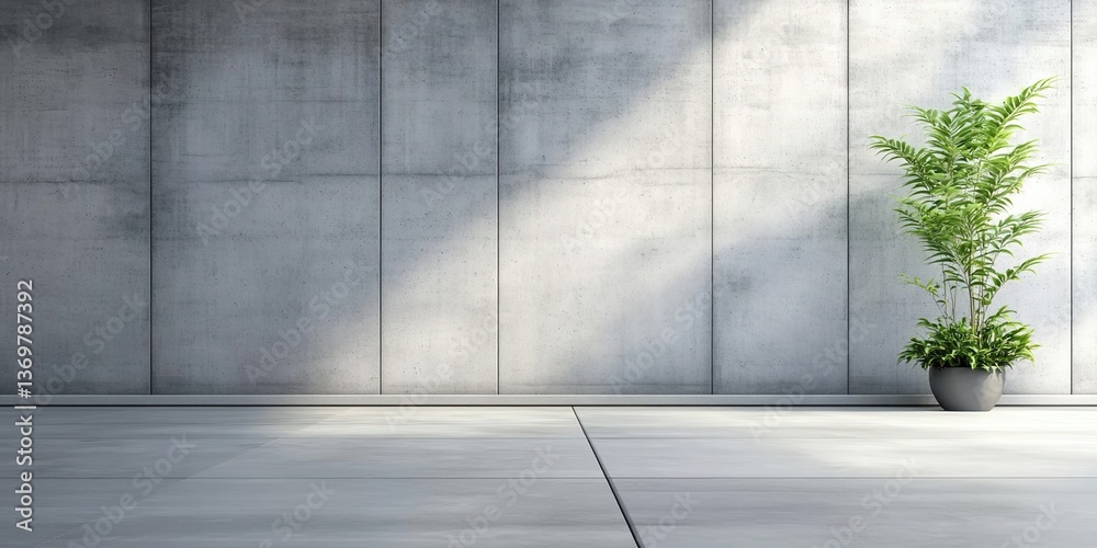 Obraz premium A modern indoor space with gray concrete walls, white tiled floor, a tall green plant in a gray pot in the corner