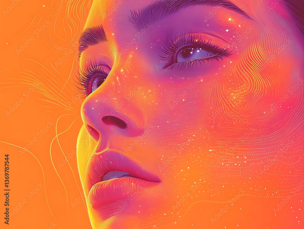 Fototapeta premium Close-up digital portrait, vibrant colors, abstract background