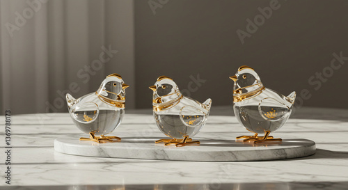 glass chickens on a stand