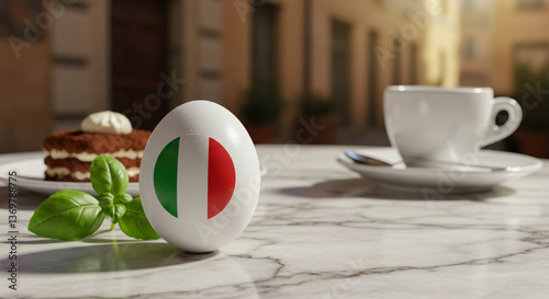 Easter egg with the flag of Italy on a table in a cafe, next to a cup of coffee