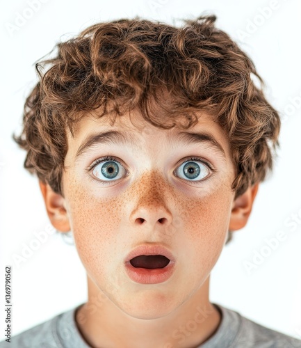Teen boy making silly grimace - funny surprised face. Playful child isolated on white background. Emotional portrait of caucasian teenager looking at