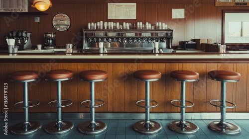 Retro diner counter, stools, drink dispenser.