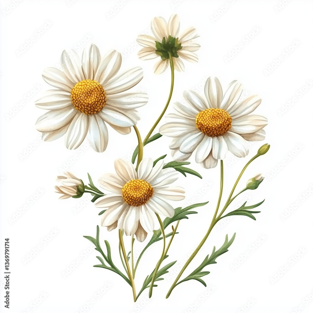 Obraz premium illustration of Daises, spring flowers, soft watercolor tones, white background, detailed illustration, cartoonish.