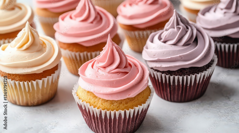 Cupcakes with Swirled Frosting on a Bakery Counter. Cupcakes with Swirled Frosting on a Bakery Counter.