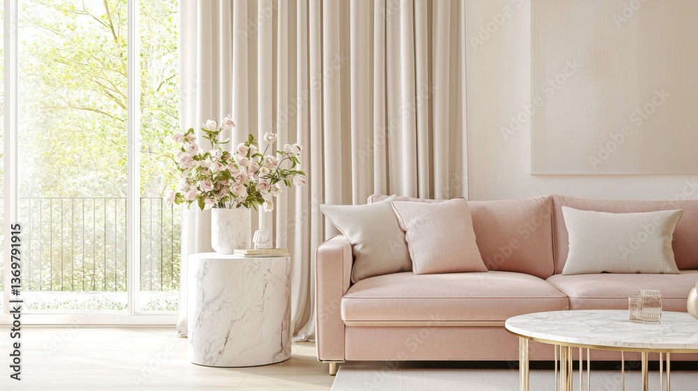 Naklejka premium Cozy elegant living room with blush pink velvet sofa, oversized cushions, marble side table, cream curtains, natural light and ambient spot lighting