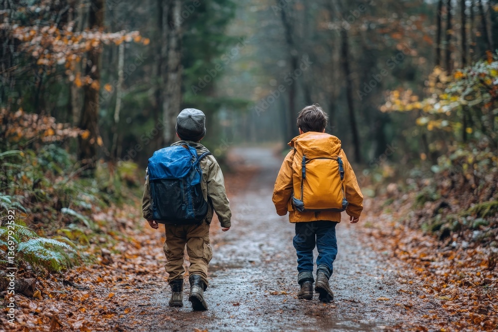 Boys on a forest road with backpacks Boys on a forest road with backpacks