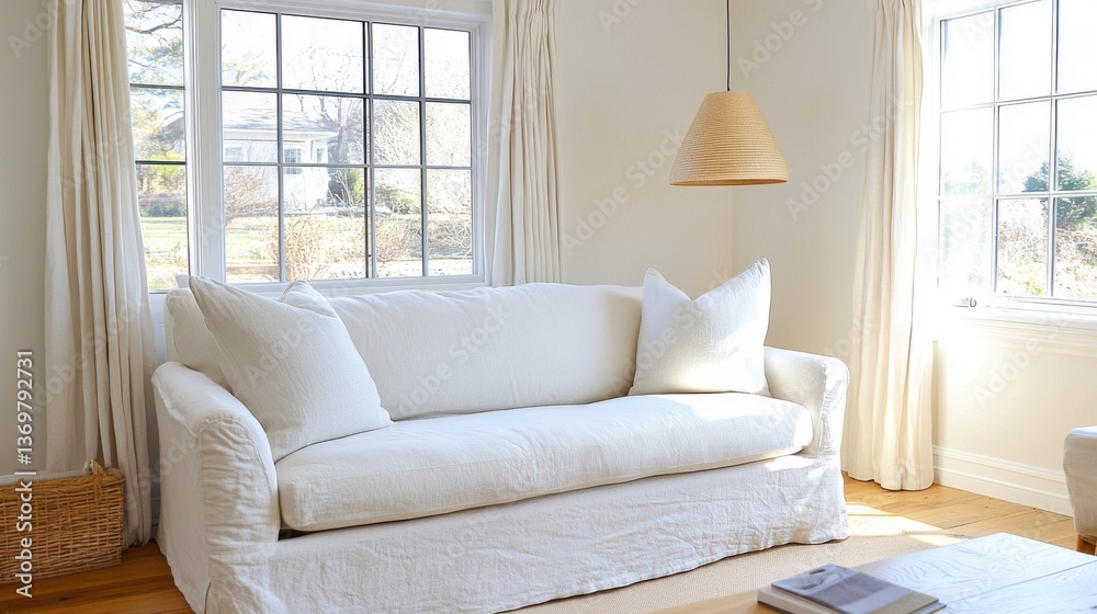 Fototapeta premium Cozy French Scandinavian living room, natural linen sofa, rounded arms, linen drapes, ceramic pendant lamp, soft daylight