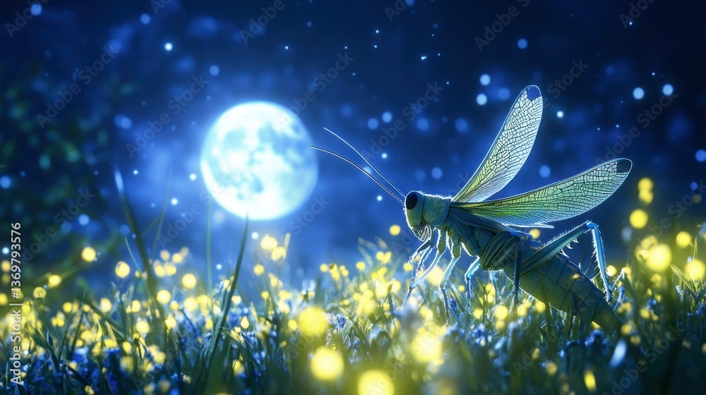 Naklejka premium Nighttime Insect in Luminous Meadow Under a Full Moon