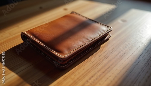 Stylish leather wallet with brown color on wooden table in sunlight