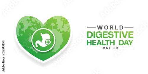 World Digestive Health Day. Heart shape earth, stomach and plus icon. Great for posters, banners, social media and more. White background.