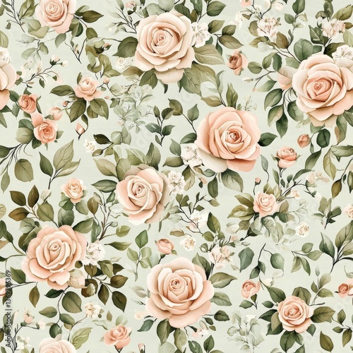 Beautiful watercolor floral design featuring blush pink roses and lush green leaves.
