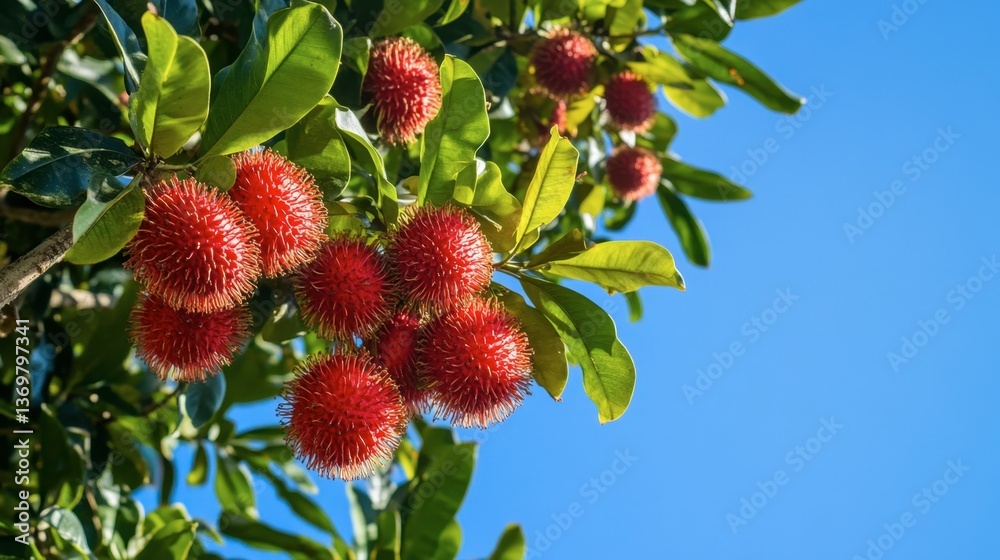 Obraz premium Bright Red Fruits on Tree Against Clear Blue Sky in Sunny Daylight